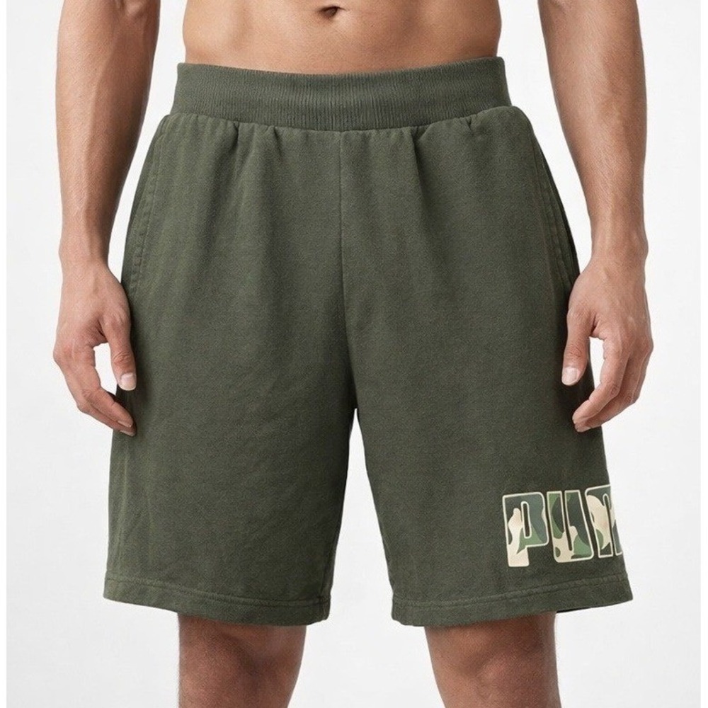 Puma Rebel Shorts Mens Sz Medium Camo Tracksuit Workout Athletic Logo Dark Green